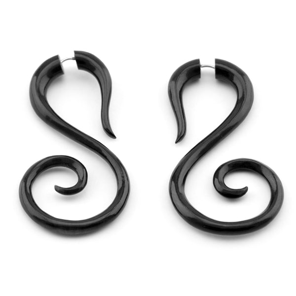 Black Salander Spiral Fake Gauges Horn Earrings