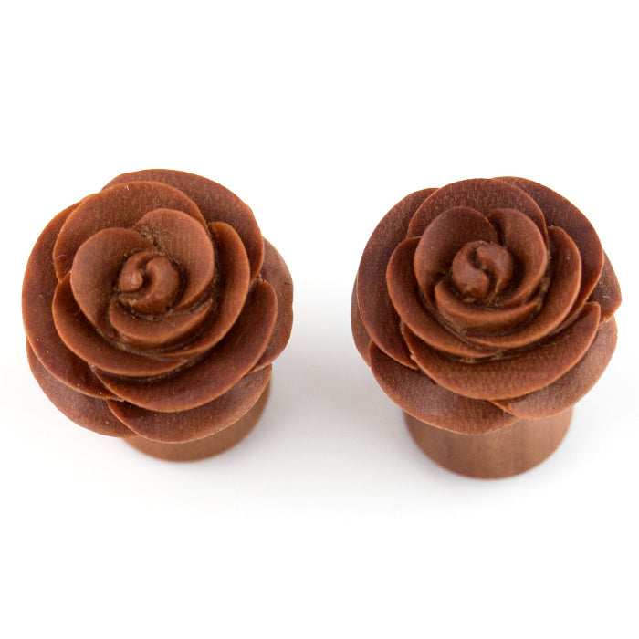 Pair of Fake Wooden Gauge Earrings, Rose Wood Engraved Carved