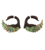 Abalone Shell Swan Wings Saba Wood Organic Fake Gauges Earrings
