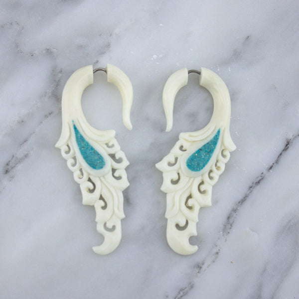 Turquoise Filigree Hanging Fake Gauges Earrings