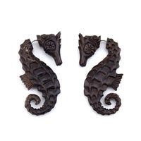 Seahorse Wooden Hangers Fake Gauges Earrings