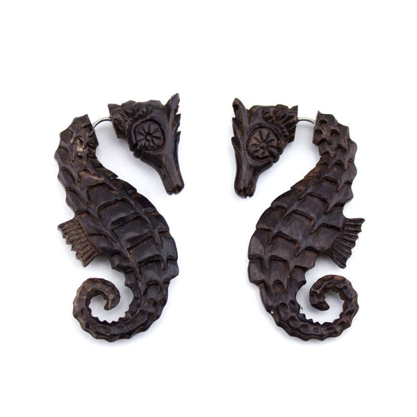 Seahorse Wooden Hangers Fake Gauges Earrings
