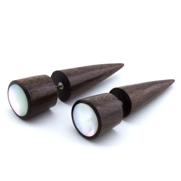 Sono Wooden Fake Gauge Taper Earring with Mother of Pearl Inlay
