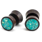 Areng Wood Fake Plugs Gauges With Crushed Turquoise Stone Inlay