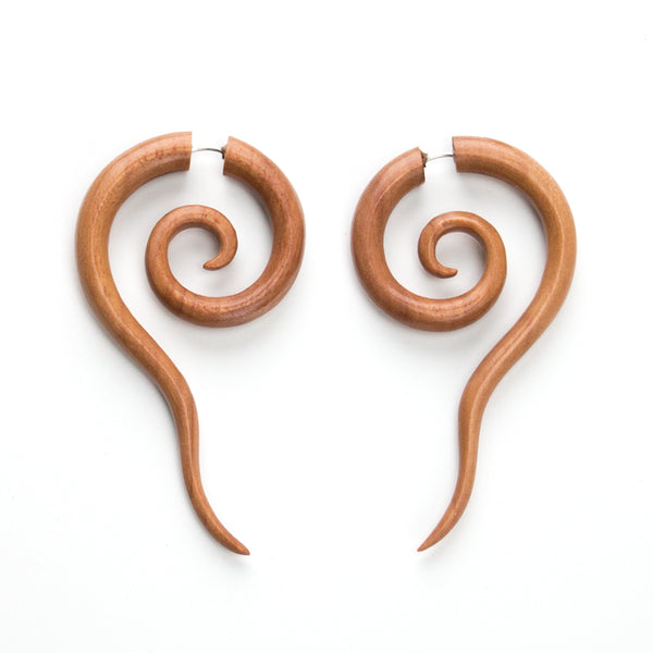 Twirly Spiral Fake Gauges Wood Earrings