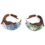 Abalone Shell Swan Wings Saba Wood Organic Fake Gauges Earrings