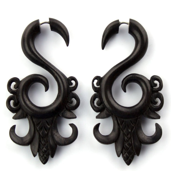 Areng Wooden Ornate Fake Gauges Earrings