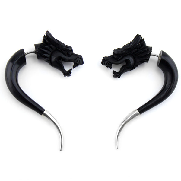 Dragon Black Horn Tail Spiral Fake Gauges Earrings