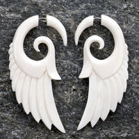Tribal Spiral Wings Fake Gauges Bone Earrings