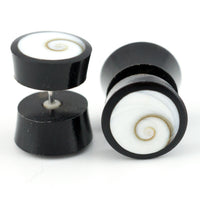Black Horn Fake Gauges Plugs With Spiral Sea Shell Inlay