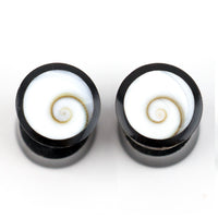 Black Horn Fake Gauges Plugs With Spiral Sea Shell Inlay
