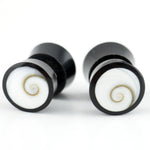 Black Horn Fake Gauges Plugs With Spiral Sea Shell Inlay