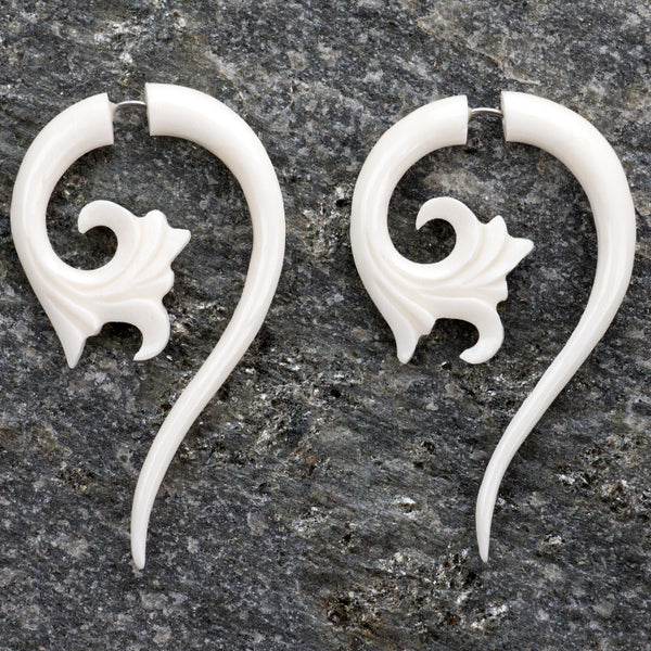 Hopi Floral Tail Spiral Organic Fake Gauges Bone Earrings