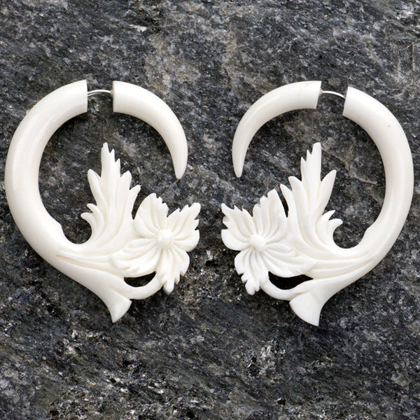 Pacific Floral Spiral Fake Gauges Bone Earrings