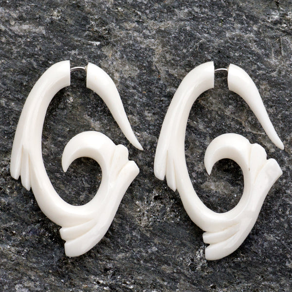 Tribal Wave Spiral Wings Fake Gauges Bone Earrings