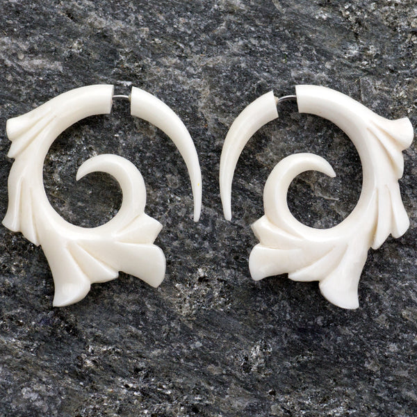 Ornamental Spiral Fake Gauges Bone Earrings
