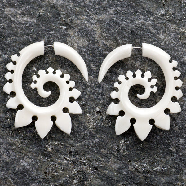 Tribal Spade Spirals Fake Gauges Bone Earrings