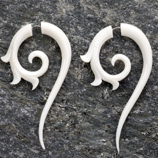 Tribal Floral Spiral Fake Gauges Bone Bone Earrings