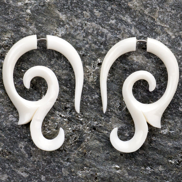 Curly Vine Tribal Fake Gauges Bone Earrings