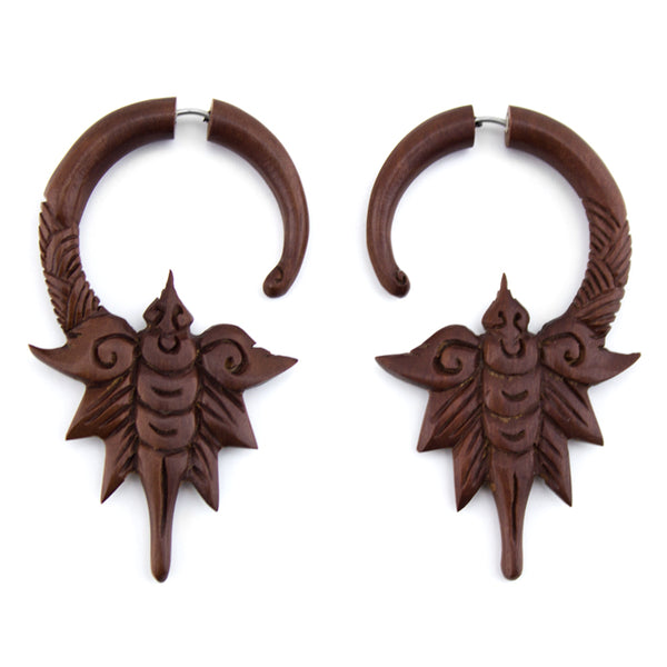 Dragonfly Spiral Saba Wood Fake Gauges Earrings