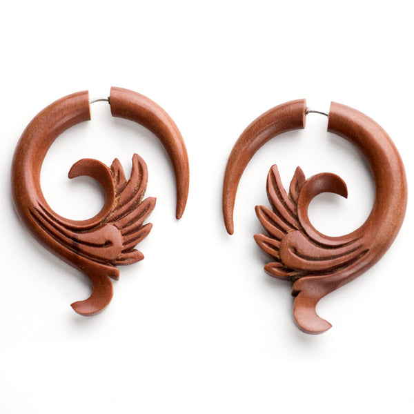 Floral Wave Saba Wood Fake Gauges Earrings