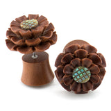 Marigold Flower With Abalone Inlay Wood Fake Gauges Plugs