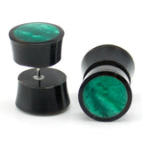 Black Horn Fake Gauges Plugs With Green Resin Inlay