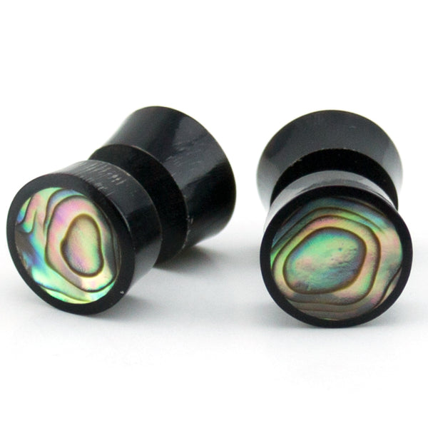 Black Horn Fake Gauges Plugs With Abalone Shell Inlay
