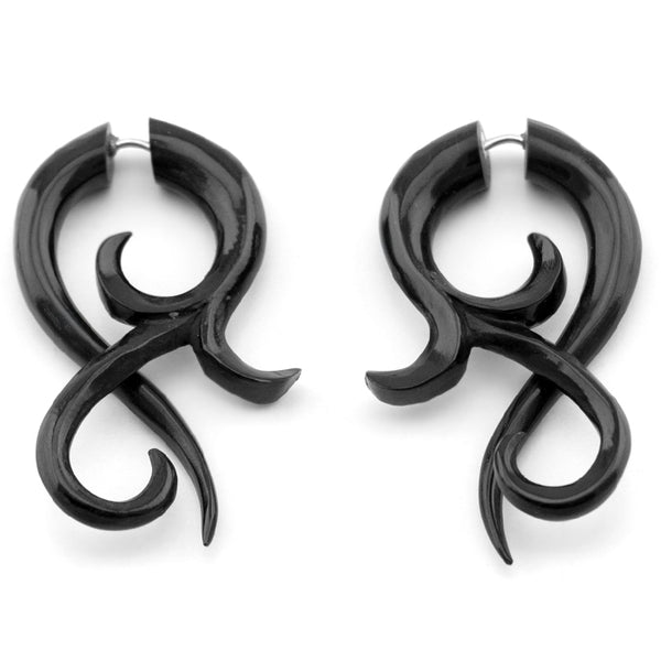Small Black Floral Twist Fake Gauges Horn Earrings