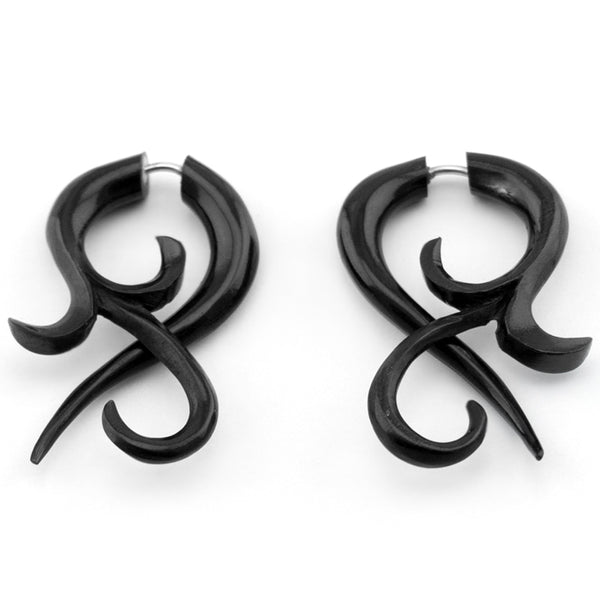 Black Large Floral Twist Fake Gauges Horn Earrings
