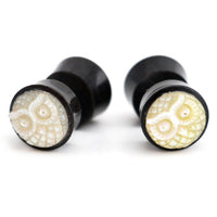 Black Horn Fake Gauges Plugs With Carved Mop Owl Inlay