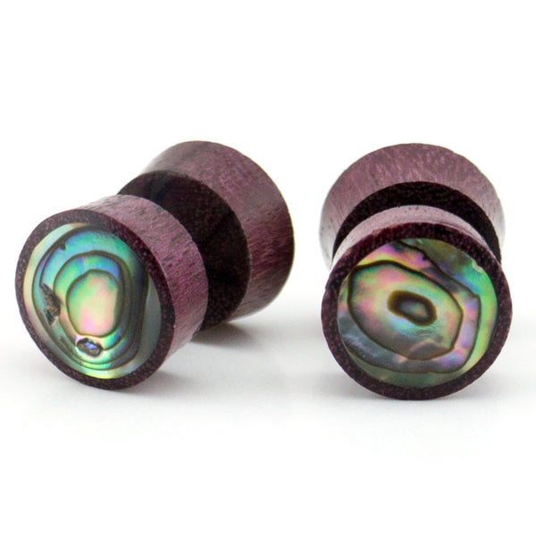 Purple Heart Fake Gauges Plugs With Abalone Shell Inlay