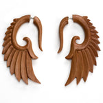 Angel Wing Spiral Fake Gauge Saba Wood Earrings