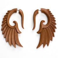 Angel Wing Spiral Fake Gauge Saba Wood Earrings