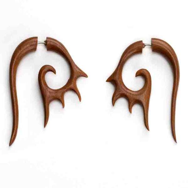 Tribal Spike Fake Gauges Saba Wood Earrings