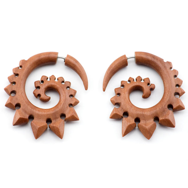 Tribal Spade Wooden Spiral Fake Gauges Earrings