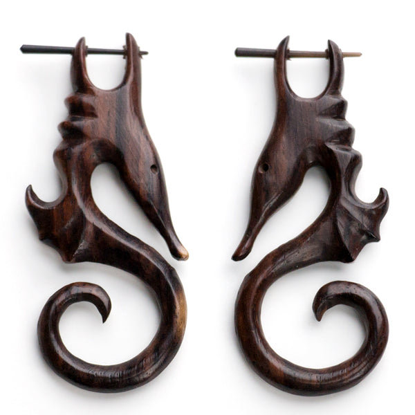 Sea Horse Wooden Fake Gauges Post Earrings