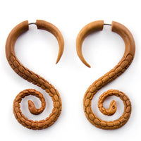 Snake Spiral Saba Wood Fake Gauges Earrings