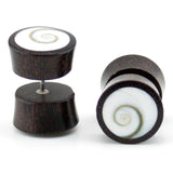 Wood Fake Gauges Plugs With Spiral Sea Shell Inlay