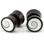 Wood Fake Gauges Plugs With Spiral Sea Shell Inlay