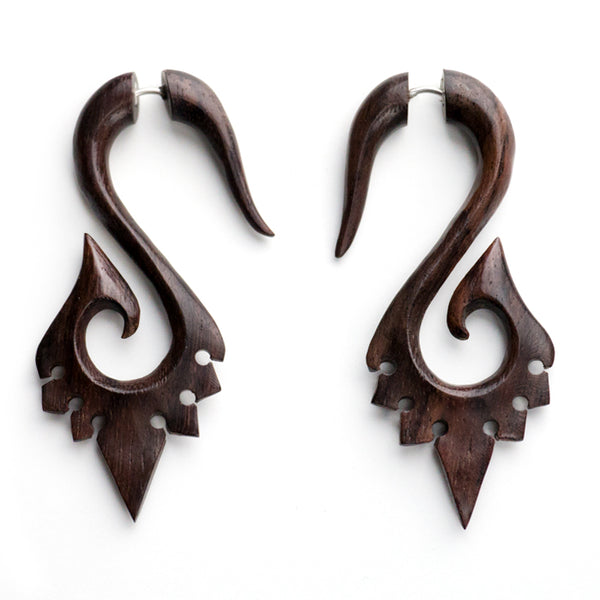 Spiral Spike Fake Gauges Wood Earrings