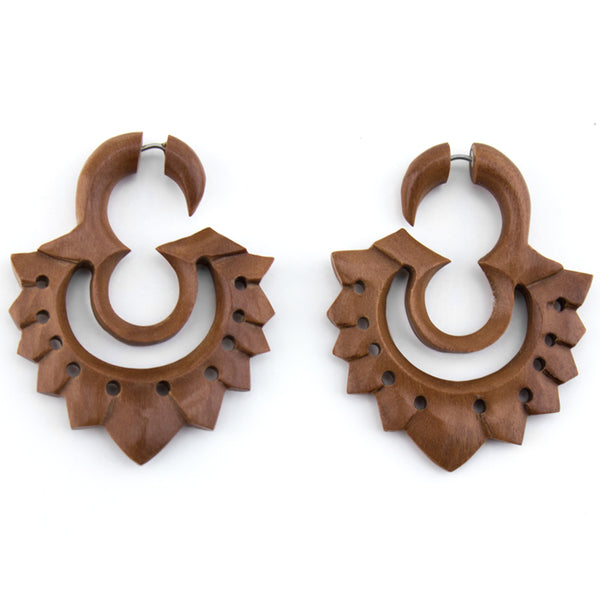 Tribal Shield Saba Wood Fake Gauges Earrings