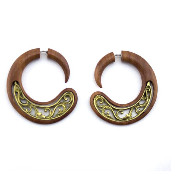 Brass Fili Wooden Spiral Fake Gauges Earrings