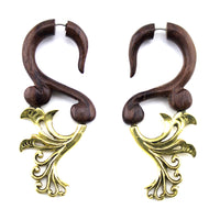 Wood & Brass Ornate Hangers / Fake Gauges Earrings