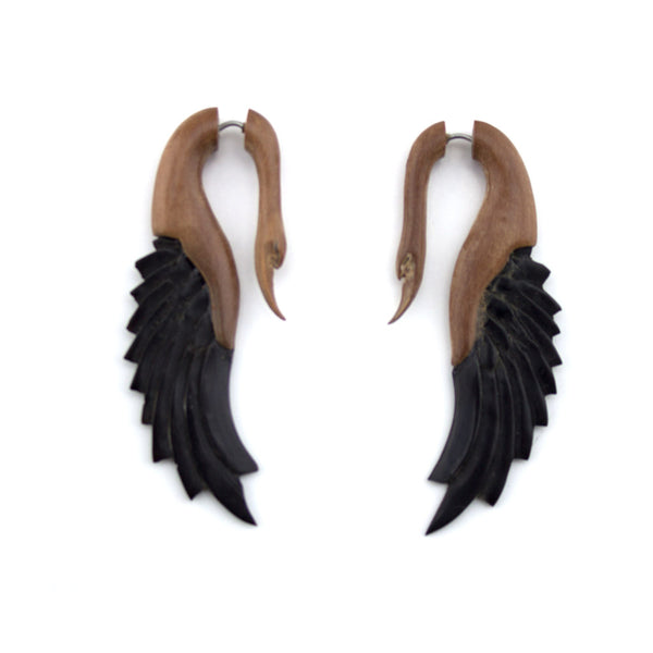 Saba Wood & Arang Wood Skinny Swan Hangers / Fake Gauges Earrings
