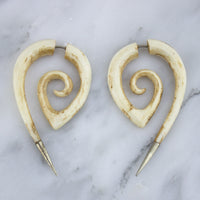 Dragon Tattoo White Stained Bone Fake Gauge Spirals With Silver Tips