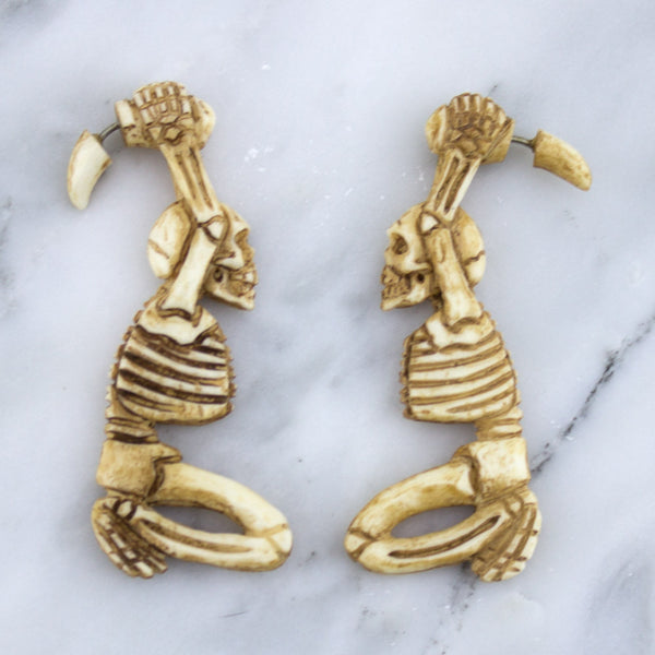 Skeleton Stained Bone Hangers / Fake Gauges Earrings