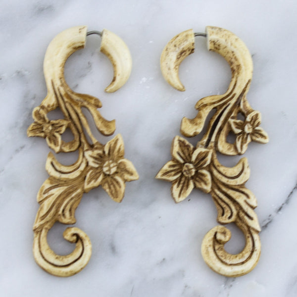 Floral Vine Stained Bone Hangers / Fake Gauges Earrings