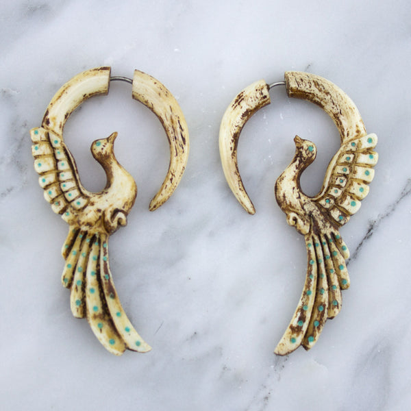 Peacock Stained Bone Hangers / Fake Gauges Earrings
