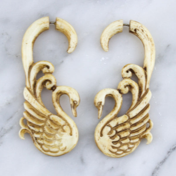 Swan Stained Bone Hangers / Fake Gauges Earrings